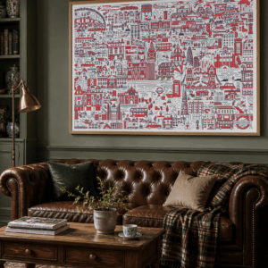 London City Life framed print displayed in a classic British style living room interior