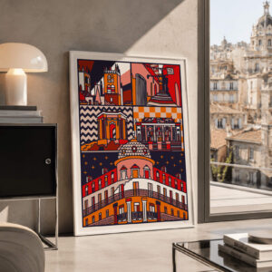 Illustrazione in stile vector pop di Montpellier realizzata da Alessio Cottino, caratterizzata da geometrie radicali e tinte calde arancioni, rosse e nere.